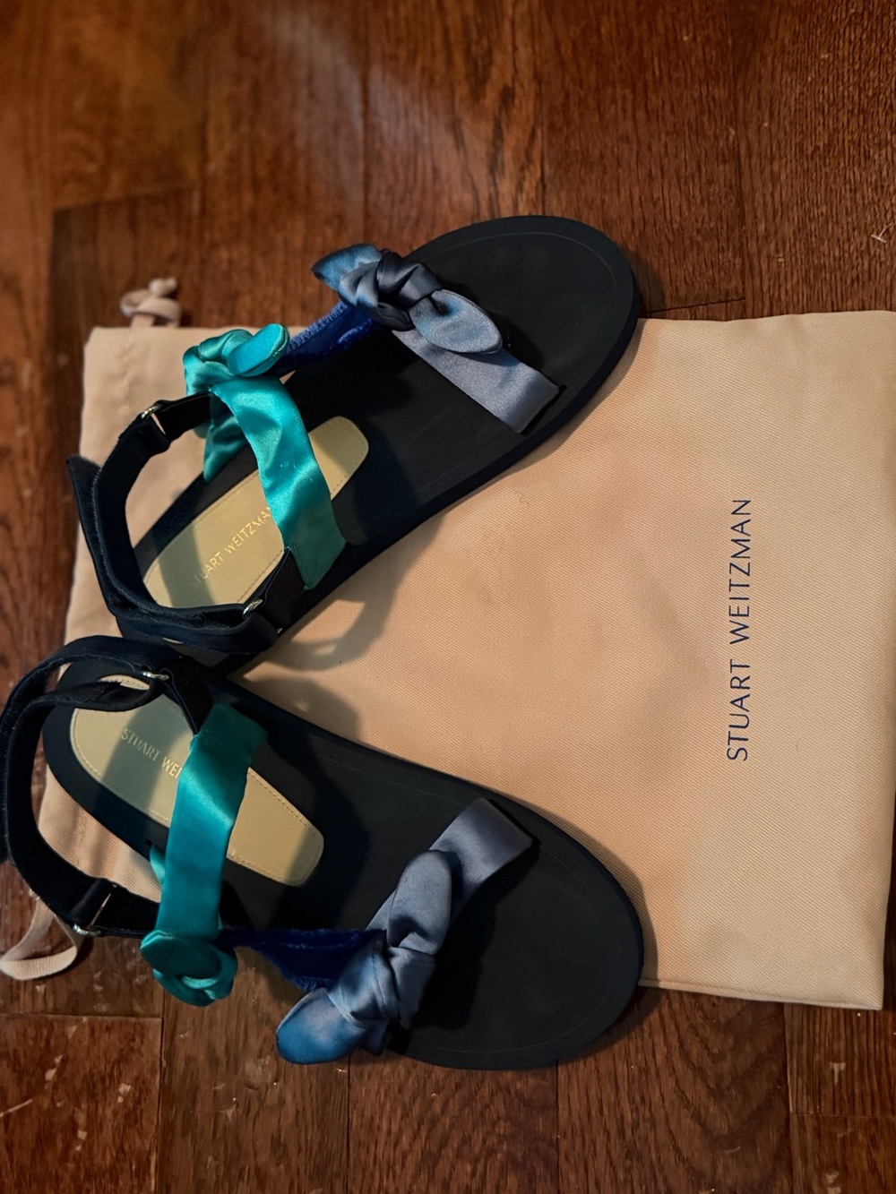 Stuart Weitzman Teal and Navy Satin Bow Sandals